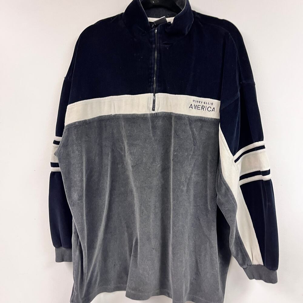Vintage 2X 2000s Men's Perry Ellis stretch velour quarter zip sweater blue gray